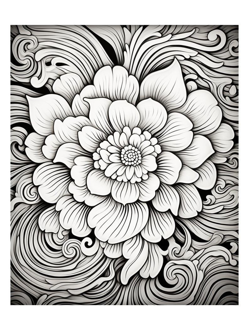 May include: A black and white illustration of a large flower with intricate details. The flower is surrounded by swirling lines and patterns.