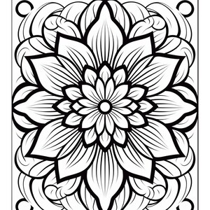 May include: Black and white line art illustration of a detailed mandala with a flower design.