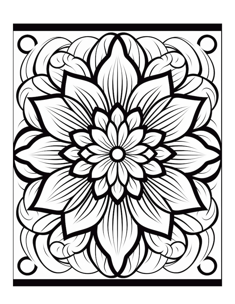 May include: Black and white line art illustration of a detailed mandala with a flower design.