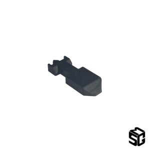 May include: A black plastic latch with a rectangular shape and a pointed end. The latch has a small, raised lip on one side.