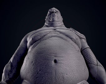 May include: A large, gray, humanoid figure with a large belly and a mechanical arm. The figure has a single eye and a large, fleshy nose.
