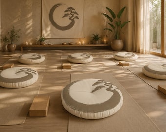 Zen Enso Bonsai Floor Pillow | Japandi Meditation Cushion, Wabi Sabi Seating