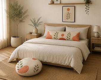 Botanical Earth Tone Bedroom Decor Set | Neutral Boho Wall Art, Pillow, Cushion