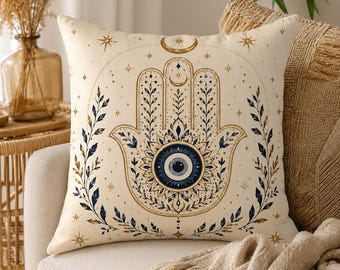 Hamsa Hand Evil Eye Pillow | Boho Mystic Faux Suede Square Pillow