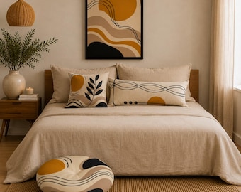 Boho Bedroom Decor Collection, Mustard Neutral Organic Wall Art, Lumbar Pillow