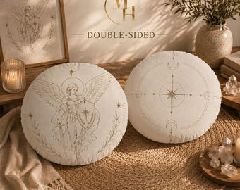 Archangel Michael Tufted Floor Pillow | Angel Protection Meditation Cushion | Double-Sided Spiritual Decor