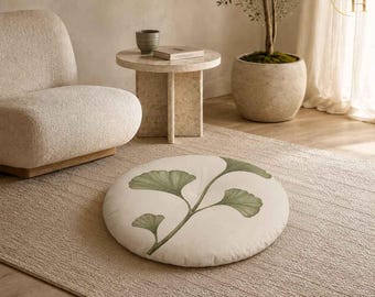 Ginkgo Floor Pillow, Round Japandi Meditation Cushion, Sage Green Botanical Decor