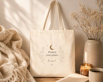 Protect Your Peace Tote Bag | Moon Botanical Canvas Spiritual Book Bag