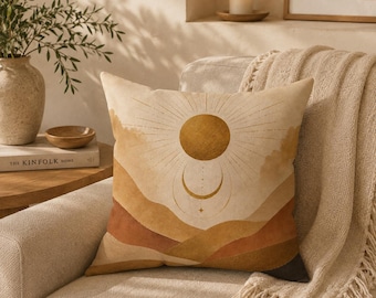 Moody Desert Sun Crescent Moon pillow | Boho Abstract Landscape Cushion