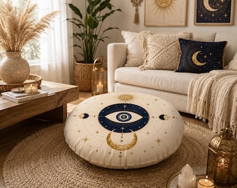 Celestial Evil Eye Floor Pillow | Boho Moon Sun Meditation Cushion, Tufted Pouf
