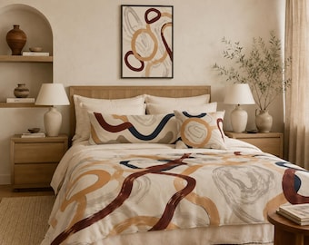 Abstract Boho Bedroom Decor Collection | Organic Lines, Warm Palette (Body Pillow, Blanket, Art)