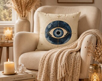 Mystic Evil Eye Boho Pillow | Celestial Moon Stars Faux Suede Cushion