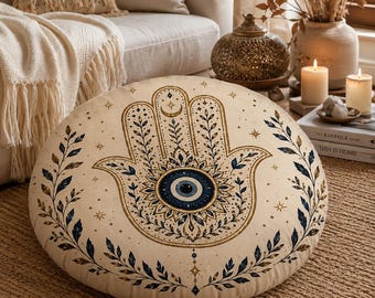 Hamsa Hand Floor Pillow | Evil Eye Meditation Cushion, Boho Protection Decor