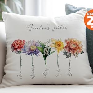 Almohada de jardín de abuela personalizada, almohada de flor de nacimiento personalizada, almohada de jardín de abuelas con nietos, regalo para la abuela, regalo de Navidad