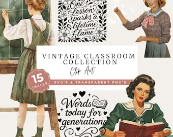 Vintage Classroom Collection, Teacher PNG Clipart, School SVGs, Retro Education Art