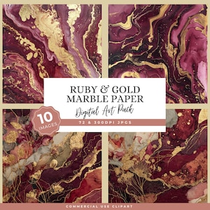 May include: A digital art pack with ten images of ruby and gold marble paper. The images display a mix of deep red and gold tones with swirling designs. The text on the image reads "RUBY & GOLD MARBLE PAPER Digital Art Pack 72 & 300DPI JPGS".