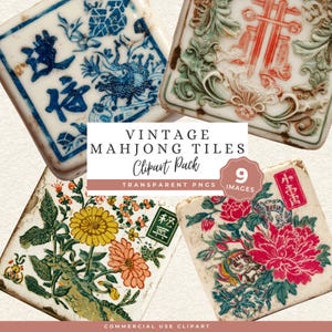 May include: A collection of vintage Mahjong tiles with intricate designs and vibrant colors. The tiles feature floral patterns, Chinese characters, and other decorative elements. The image includes the text "VINTAGE MAHJONG TILES Clipart Pack".
