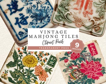 May include: A collection of vintage Mahjong tiles with intricate designs and vibrant colors. The tiles feature floral patterns, Chinese characters, and other decorative elements. The image includes the text "VINTAGE MAHJONG TILES Clipart Pack".
