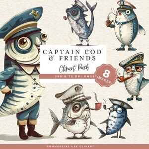 Op de afbeelding: Een digitaal clipartpakket getiteld Captain Cod & Friends met acht illustraties van antropomorfe vissen die kapiteinspetten dragen en pijpen roken. De collectie bevat diverse viskarakters in blauwe en witte tinten, aangeboden als 300 en 72 DPI PNG-bestanden.