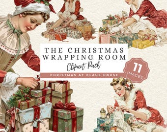 Vintage Mrs Claus Clipart, Christmas Gift Wrapping PNG, Retro Christmas Women, Holiday Craft Designs
