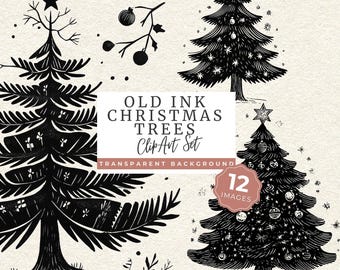 Old Ink Christmas Trees, PNG Clipart Set, Vintage Holiday Tree Graphics