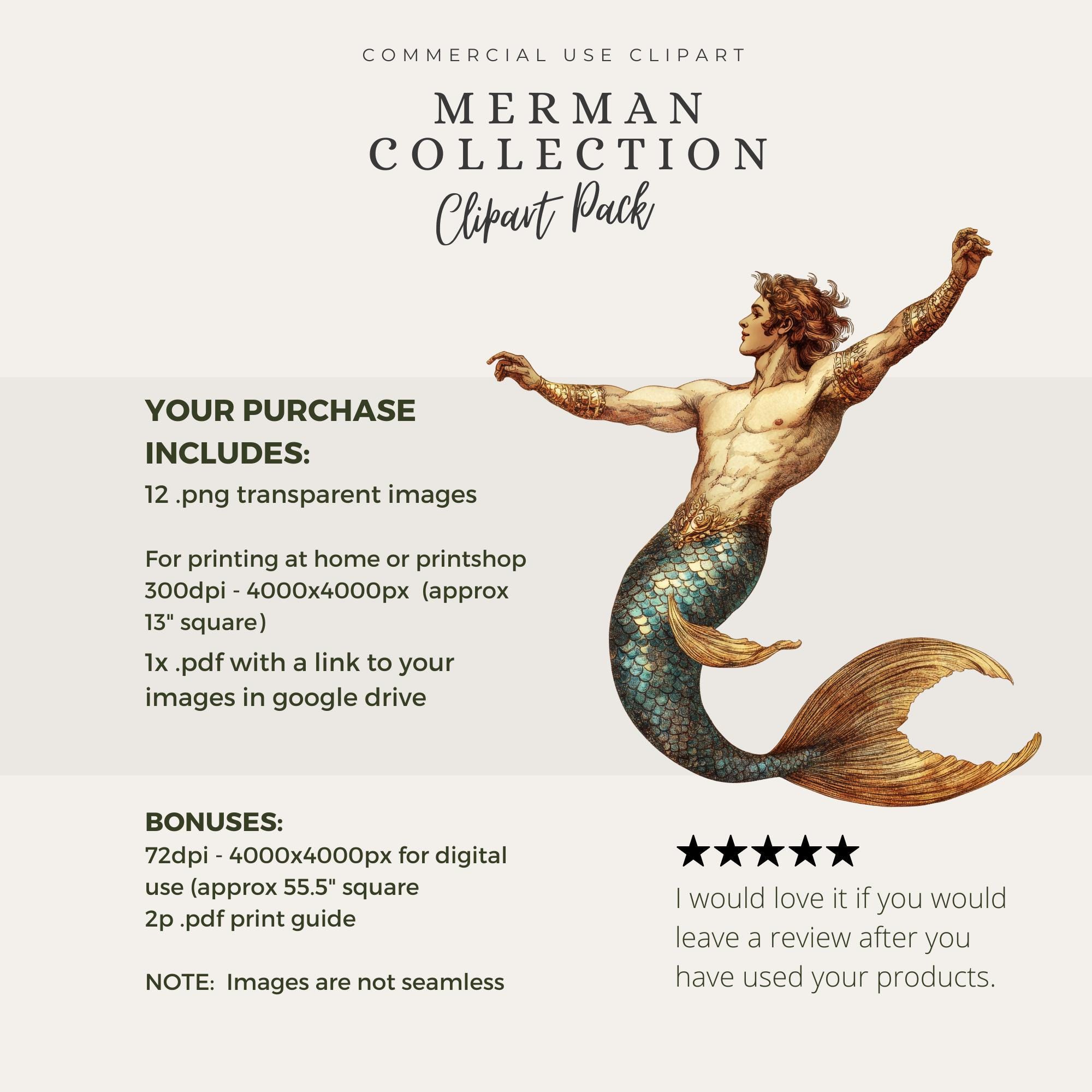 Merman Clipart Pack, Fantasy Sea Prince Pngs, Scrapbooking, Wall Art ...