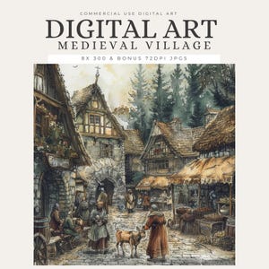 Medieval Village Clipart Bundle, Printable Fantasy Market Scenes, Woodland Wall Art, Rustic Cottagecore Decor, Instant Download JPGs – STK42