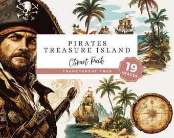 Pirate Treasure Island Clipart PNG, Vintage Nautical Graphics, Adventure Junk Journal Set