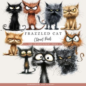 Frazzled Cat Clipart PNG Bundle, Watercolor Style Funny Cats, Digital Download for Junk Journal, Scrapbooking, Card Making Supplies - CA16