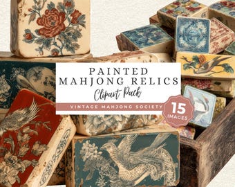 Mahjong Tile PNG Clipart, Vintage Game Relics, Painted Floral Ephemera