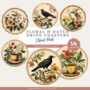 Floral Raven Coaster clipart png, vintage botanische cirkels, gotische ephemera
