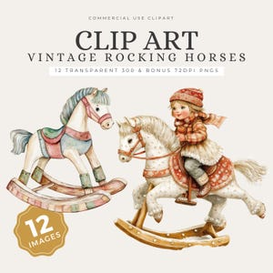 12 Vintage Wooden Rocking Horse Clipart – Cute Baby Girl Riding Rocking Horse PNGs, Printable Nursery Decor for Scrapbooking & Crafts – CA52