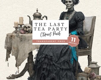 Gothic Tea Party PNG, Victorian Ghost Lady Clipart, Dark Halloween Junk Journal Art