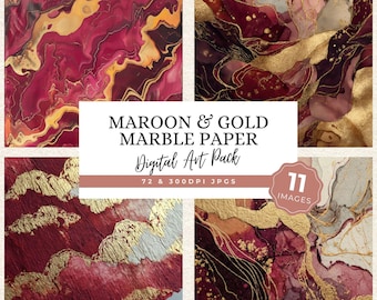 Maroon Gold Paper, Marble JPG Papers, Printable Journal Backgrounds, Collage Pack