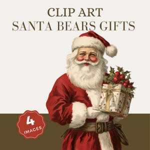 Cute Vintage Santa Claus Clipart PNG, Christmas Secret Santa with Gift, Bag, Hat, Retro Xmas Sublimation, T-Shirt, Crafts & Wall Art - CAS05