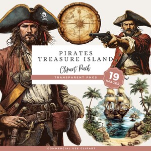 Pode incluir: Um pacote de clip art digital intitulado "Pirates Treasure Island" com ilustrações de piratas, uma bússola, um navio pirata e um cenário tropical. O pacote inclui 19 imagens PNG transparentes para uso comercial.