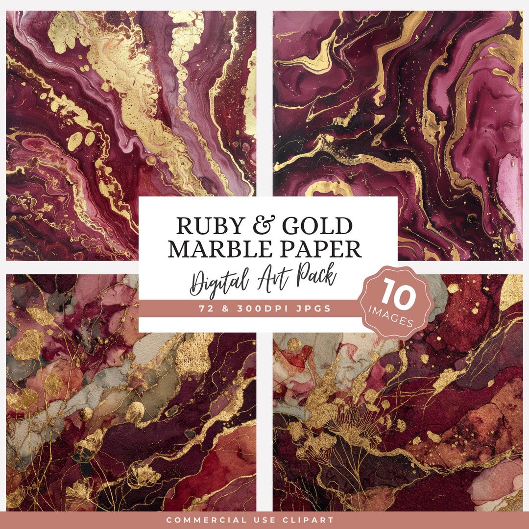 Ruby Paper Screen Ruby and Gold Marble Paper, Digital Paper Pack JPG, Alcohol Ink ...