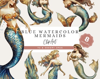 Vintage Mermaid Art Clipart PNG, Blue Gold Fantasy Swimming Mermaid, Retro Ocean Whimsical Printable, Sea Scrapbooking, Junk Journal