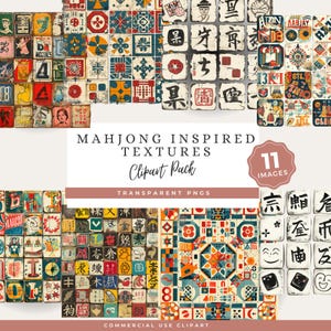 May include: A collection of Mahjong-inspired textures in a clipart pack. The image features various square tiles with colorful designs, including numbers, symbols, and Chinese characters. The text "MAHJONG INSPIRED TEXTURES Clipart Pack" is also visible.