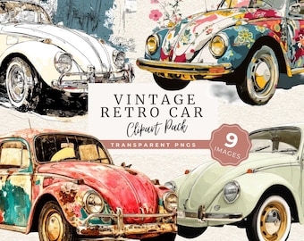 Retro Car PNG, Vintage Beetle Clipart, Floral Road Trip Graphics
