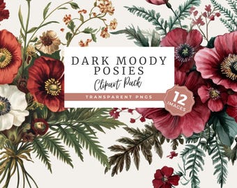 Dunkellaunisch PNG Floral Clipart, Vintage Mohnblumenstrauß Grafiken, Gothic Botanische Kunst