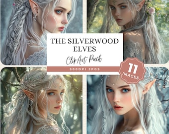 Elf Clipart, Fantasy Elf Portraits, Silver Hair Elven JPG Art, Storybook Images