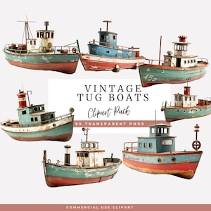 Könnte beinhalten: Eine Sammlung von Vintage-Schlepper-Cliparts in verschiedenen Farben, darunter Türkis, Rot und Weiß. Die Boote haben ein abgenutztes, verwittertes Aussehen mit sichtbarem Rost und abblätternder Farbe. Der Text "VINTAGE TUG BOATS Clipart Pack" ist enthalten.