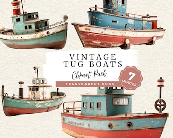 Tug Boat PNG Clipart, Vintage Nautical Graphics, Weathered Coastal Boat Art