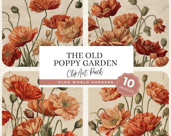 Poppy Garden art, Vintage Floral JPG clipart, Old World Botanical Papers
