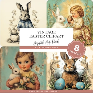 Vintage Ostern PNG Clipart, Schäbige Häschen Grafiken, Frühling Junk Journal Ephemera, viktorianischer Stil