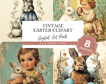 Imágenes prediseñadas PNG de Pascua vintage, gráficos de conejitos shabby chic, efímeros de diario de primavera, estilo victoriano
