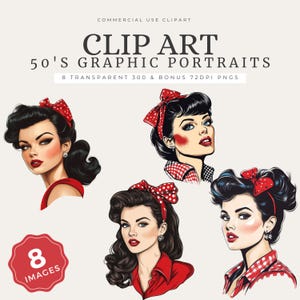 50s Retro Clipart PNG Woman Portraits, Vintage Hairstyles, Ethnic Lady Faces, Mid-Century Printable Art Set - CA26