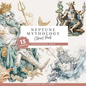 May include: A digital clipart pack featuring illustrations of Neptune, the Roman god of the sea, with a trident and crown. The images are in shades of blue, gold, and beige, with the text "NEPTUNE MYTHOLOGY Clipart Pack". Includes 13 images.