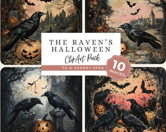 Raven Halloween Clipart, Gothic Autumn JPG Art, Vintage Halloween Images